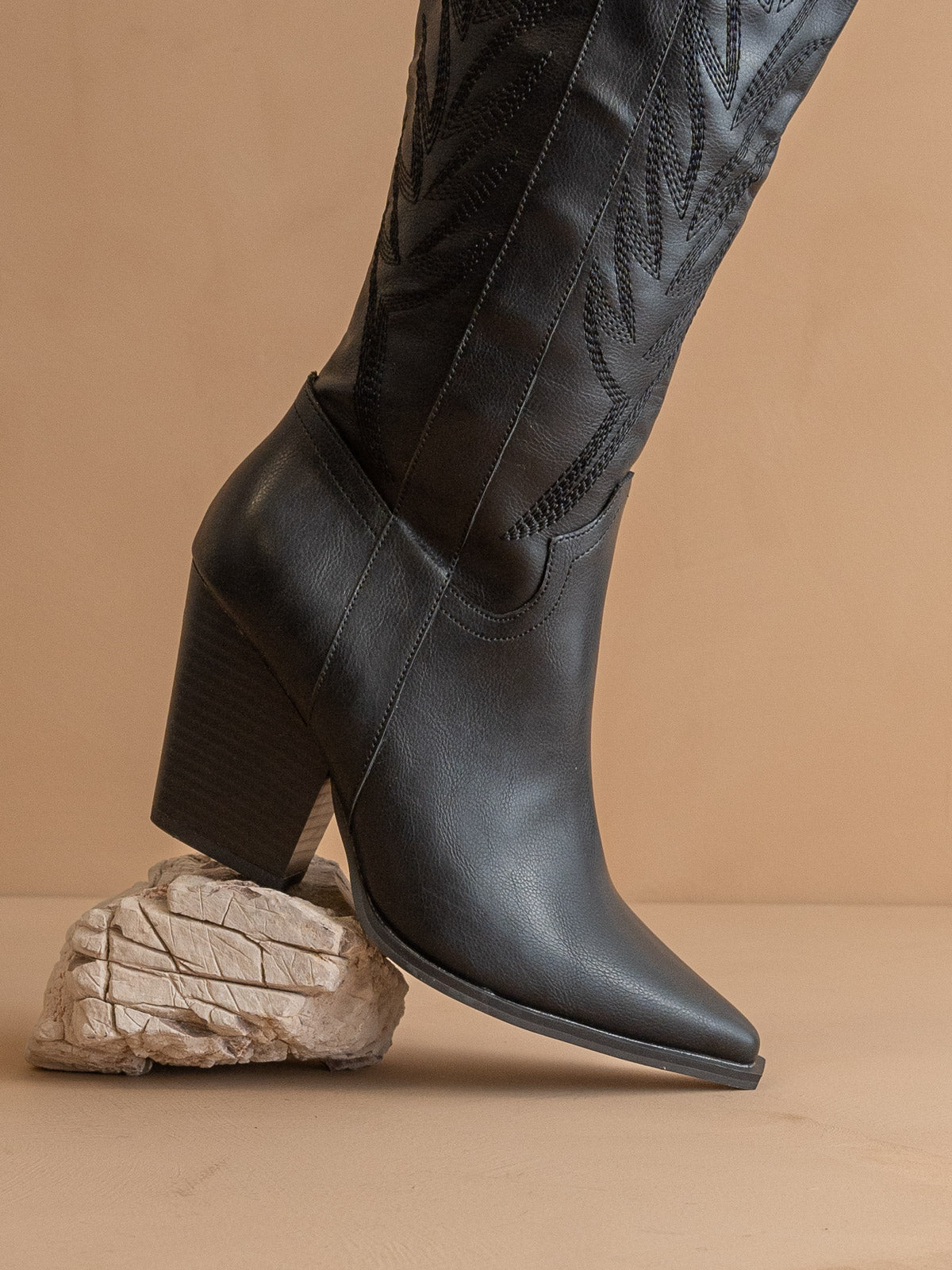 The Bronco | Black Knee High Embroidered Cowboy Boot