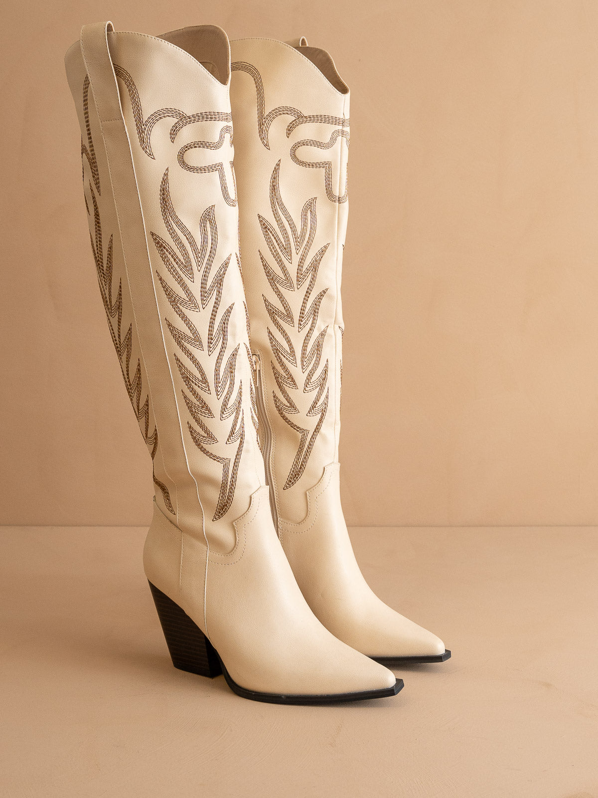 The Bronco | Off White Knee High Embroidered Cowboy Boot