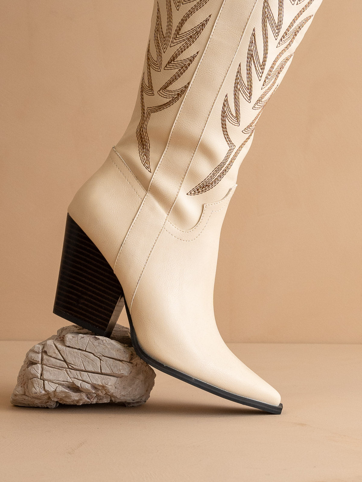 The Bronco | Off White Knee High Embroidered Cowboy Boot