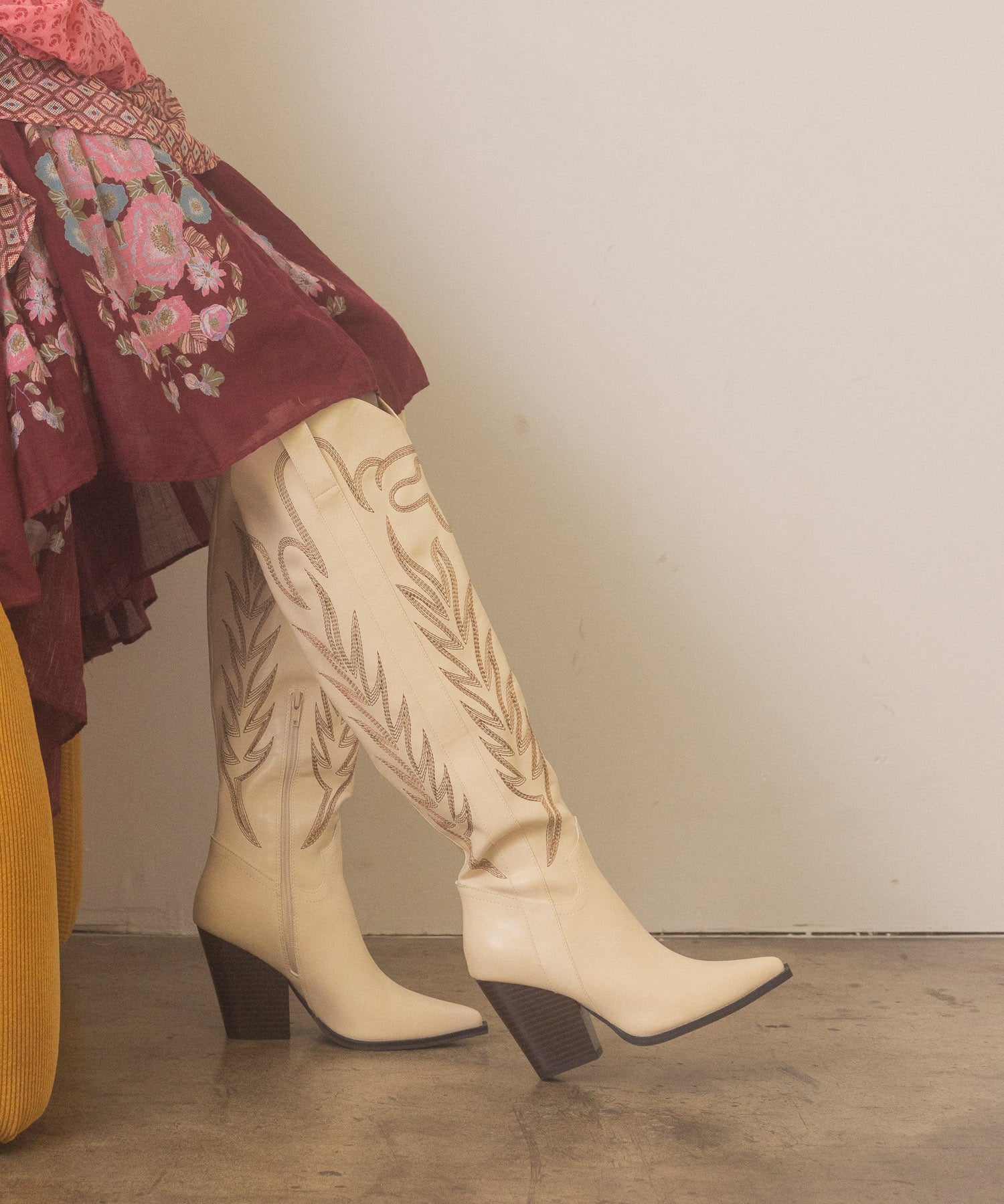 The Bronco | Off White Knee High Embroidered Cowboy Boot