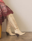 The Bronco | Off White Knee High Embroidered Cowboy Boot