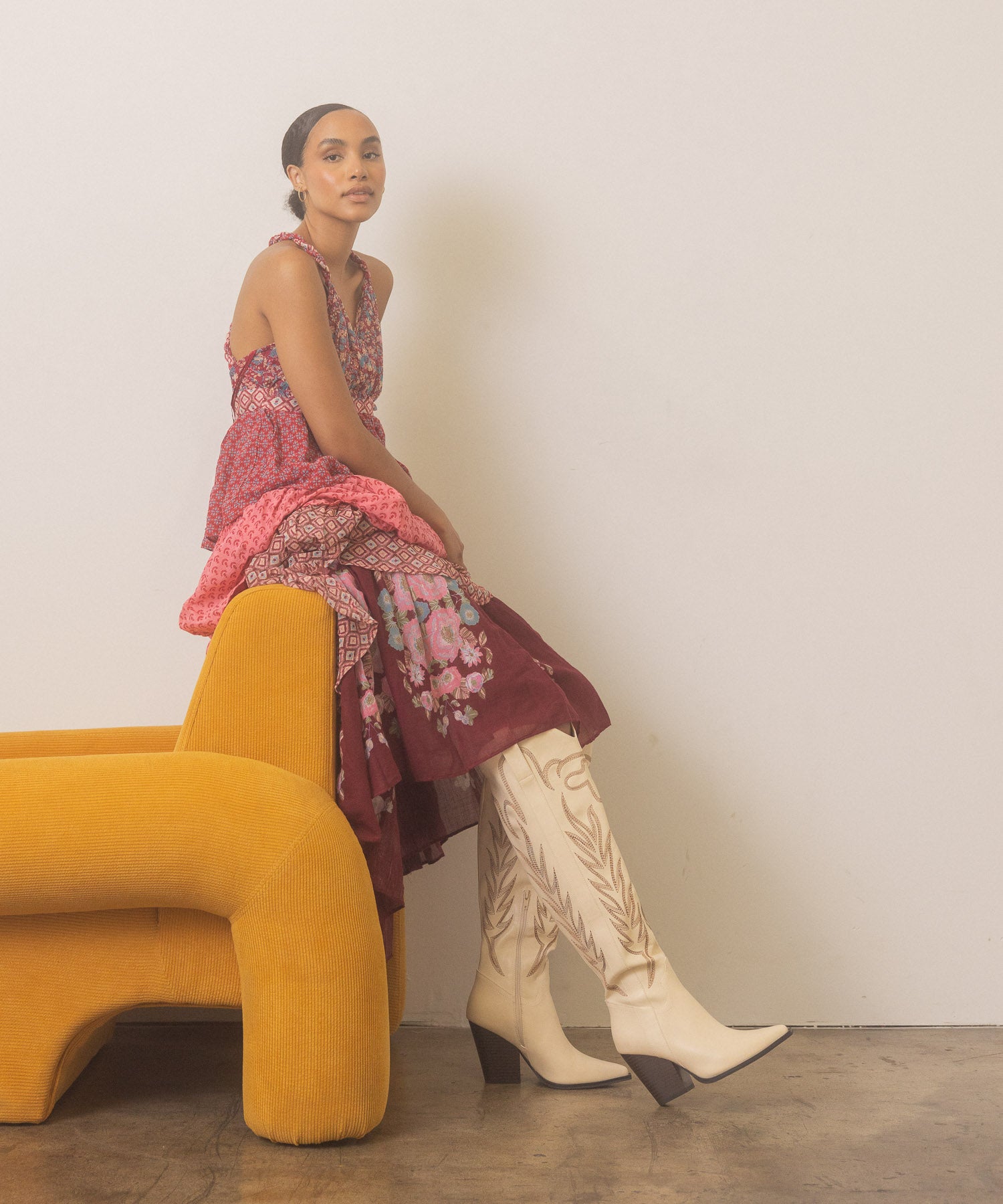 The Bronco | Off White Knee High Embroidered Cowboy Boot