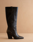 The Collins | Distressed Black Pointed Toe Western Knee Boot