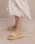 The Candice | Natural Floral Raffia Platform Slide