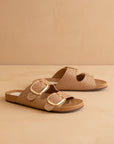 The Desiree | Almond Woven Slide with Oversized Gold Buckles
