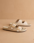 The Desiree | Beige Woven Slide with Oversized Gold Buckles