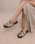 The Daytona | Black a Two-Tone Raffia Gold Buckle Sandal
