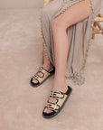 The Daytona | Black a Two-Tone Raffia Gold Buckle Sandal