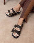 The Gaylen | Black Studded Buckle Fleece-Lined Slide