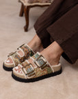 The Gaylen | Floral Tapestry Studded Buckle Fleece-Lined Slide