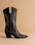 The Halle | Black Paneled Cowboy Boot with Snake Print Detailing