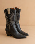 The Halle | Black Paneled Cowboy Boot with Snake Print Detailing