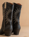 The Halle | Black Paneled Cowboy Boot with Snake Print Detailing