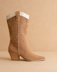 The Halle | Camel Paneled Cowboy Boot with Snake Print Detailing