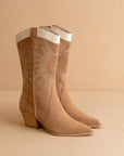The Halle | Camel Paneled Cowboy Boot with Snake Print Detailing