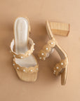 The Helena | Natural Raffia Block Heel Sandal with Pearls