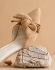 The Jane | Sand Pointed Toe Bow Accent Kitten Heel