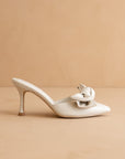 The Jane | White Pointed Toe Bow Accent Kitten Heel