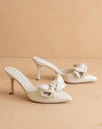 The Jane | White Pointed Toe Bow Accent Kitten Heel