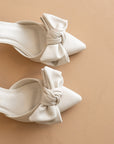 The Jane | White Pointed Toe Bow Accent Kitten Heel