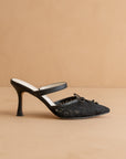 The Katie | Black Lace Pointed Toe Mid Heel Mule