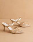 The Katie | Gold Lace Pointed Toe Mid Heel Mule