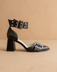 The Lux | Charcoal Double Buckle Pointed Toe Block Heel