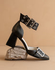 The Lux | Charcoal Double Buckle Pointed Toe Block Heel