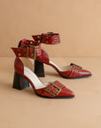 The Lux | Red Double Buckle Pointed Toe Block Heel