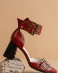 The Lux | Red Double Buckle Pointed Toe Block Heel