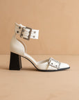 The Lux | White Double Buckle Pointed Toe Block Heel