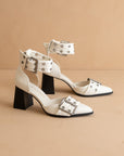 The Lux | White Double Buckle Pointed Toe Block Heel