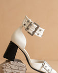 The Lux | White Double Buckle Pointed Toe Block Heel