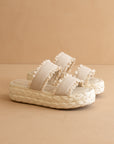 The Polly | Cream Ruffle Strap Raffia Platform Slide Sandal