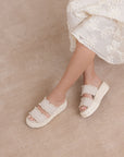 The Polly | Cream Ruffle Strap Raffia Platform Slide Sandal