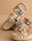 The Rae | Camel Embroidered Espadrille Wedges With Double Buckle Straps