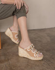 The Rae | Camel Embroidered Espadrille Wedges With Double Buckle Straps