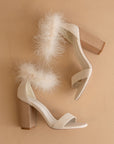 The Sasha | Beige Feathered ankle block heel