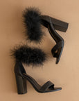 The Sasha | Black Feathered ankle block heel