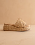The Taniya | Toffee Embroidered Raffia Platform Slide