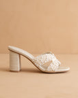The Tiara | White Pearl Embroidered Raffia Block Heel