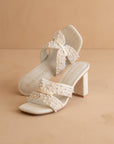 The Tiara | White Pearl Embroidered Raffia Block Heel