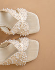 The Tiara | White Pearl Embroidered Raffia Block Heel
