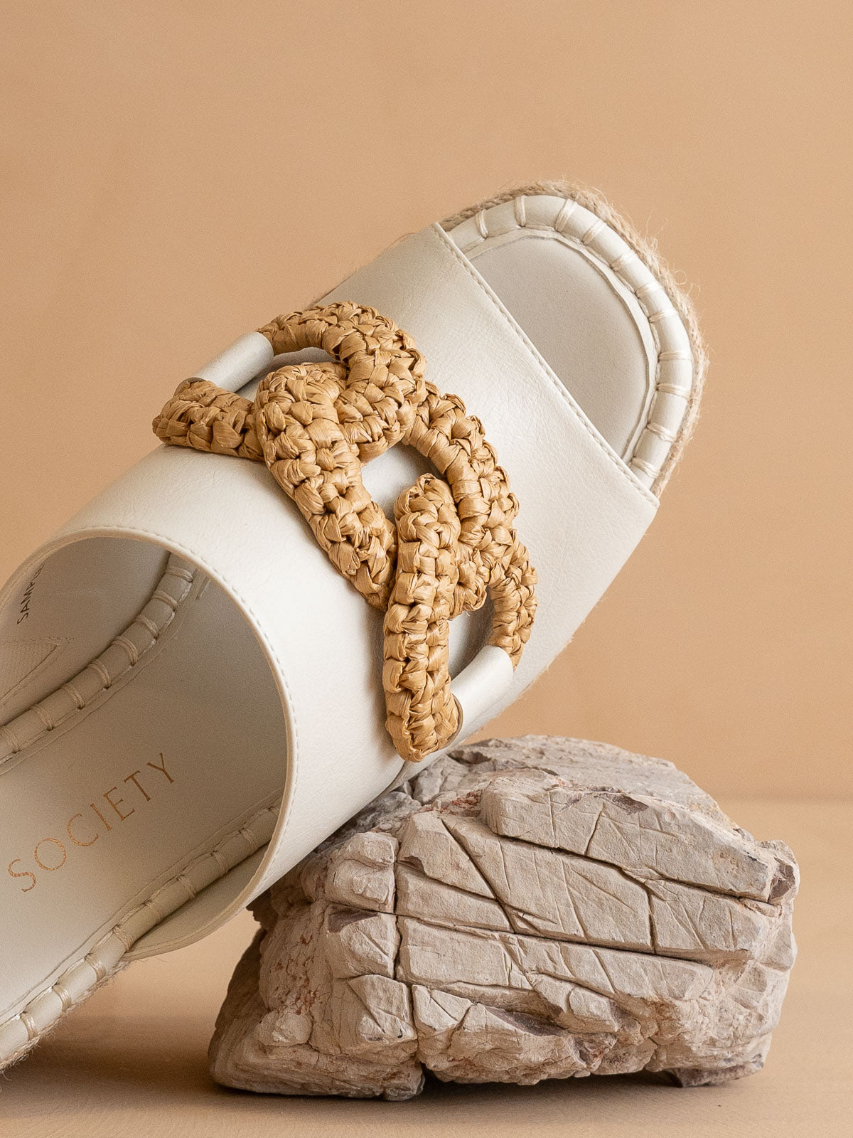 The Aime | White Wedge Slide with Raffia Detail