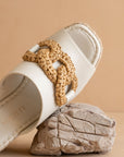 The Aime | White Wedge Slide with Raffia Detail