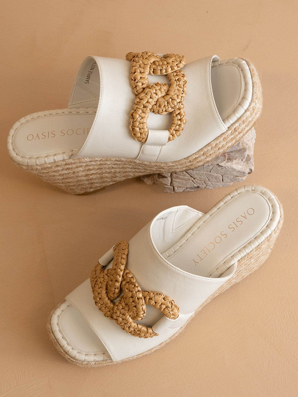 The Aime | White Wedge Slide with Raffia Detail