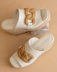 The Aime | White Wedge Slide with Raffia Detail