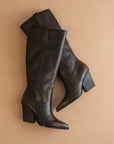 The Collins | Distressed Black Pointed Toe Western Knee Boot
