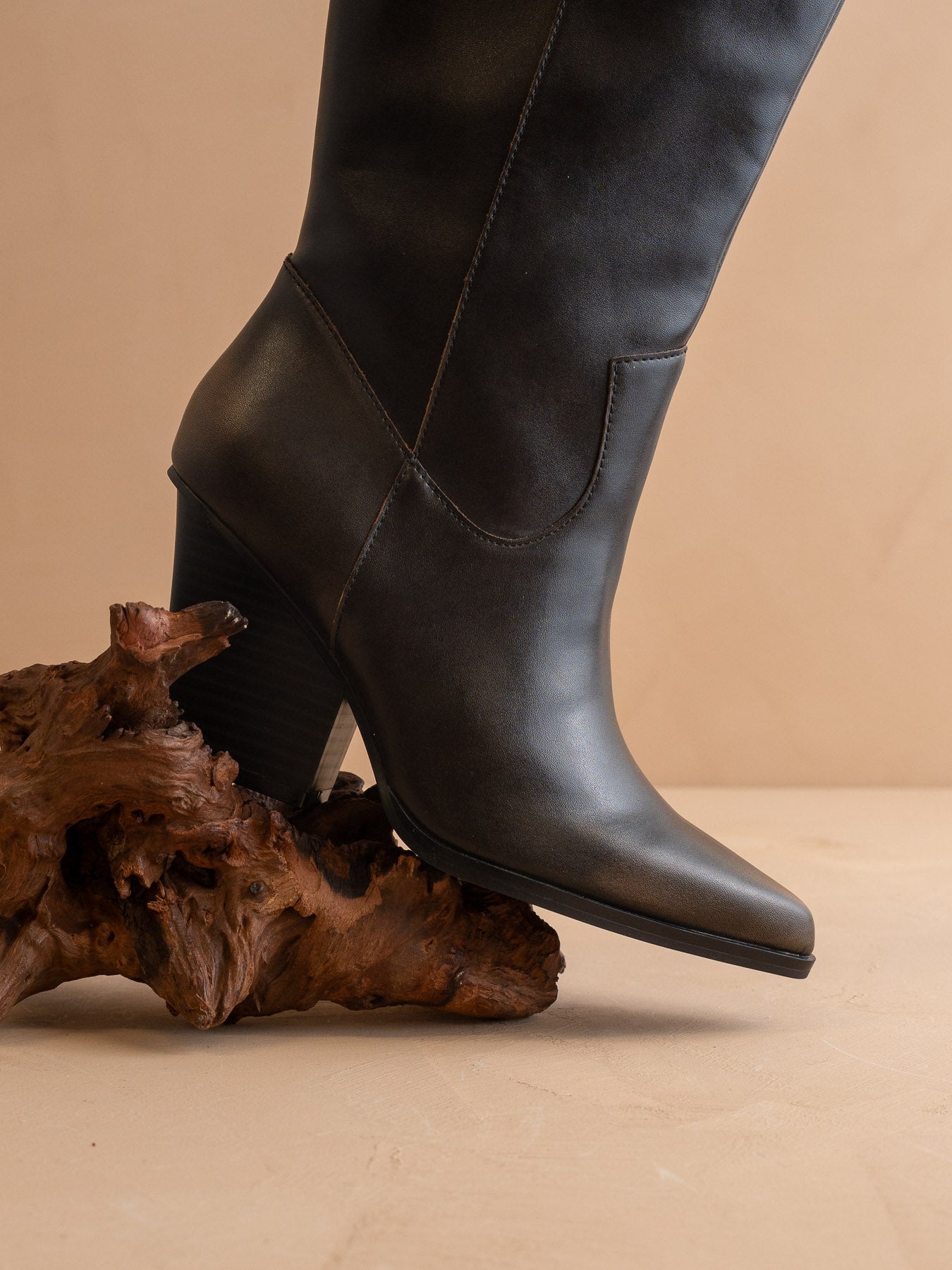 The Collins | Distressed Black Pointed Toe Western Knee Boot