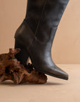 The Collins | Distressed Black Pointed Toe Western Knee Boot